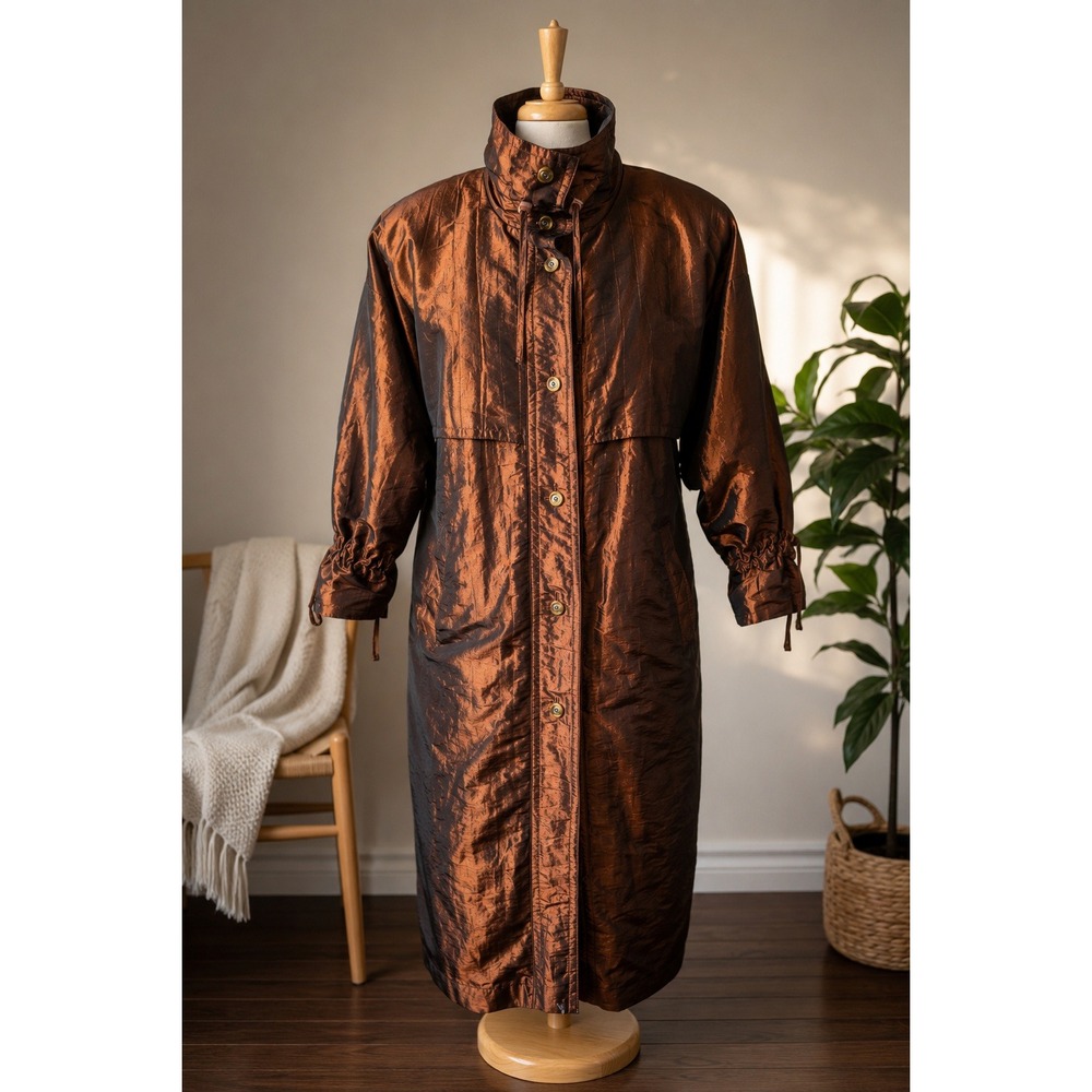 Vintage 80s Jerish Iridescent Bronze Trench Metallic Long Parka Jacket Size 10
